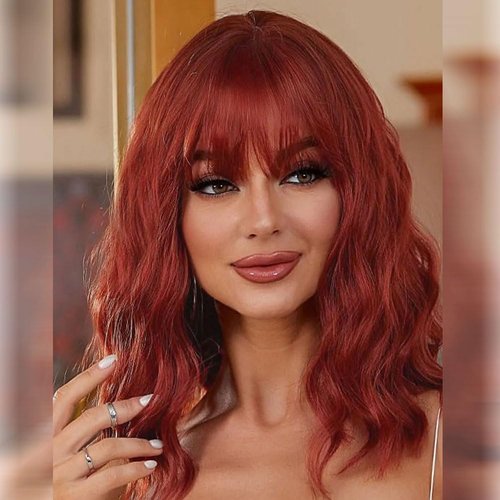 LOSMOEER Auburn Wig with Bangs Short Wavy Copper Red Wigs for Women Shoulder Length Curly Bob Wigs Heat Resistant Synthetic Wigs for Halloween Cosplay Daily Party Use