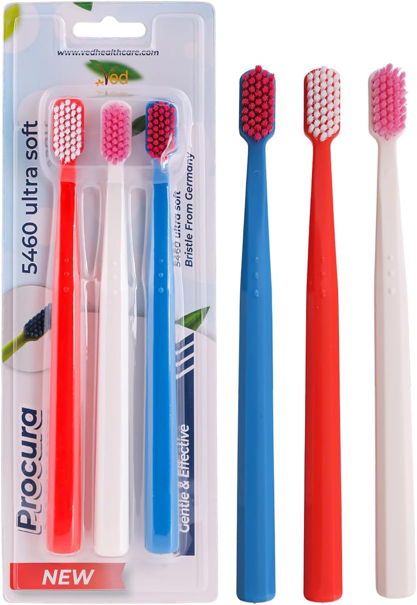 Ved Replacement Toothbrush Heads - Soft Bristle Pack for Adults | Medium & Extra Soft Options, 5,460 Bristles (Red, White, Dark Blue)