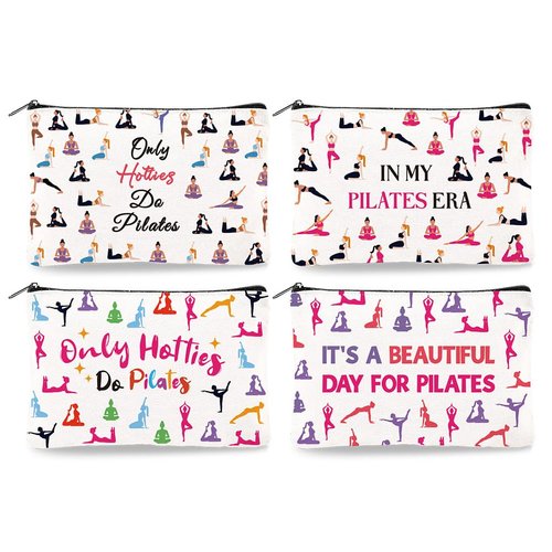 DOODLREAM 4Pcs Canvas Pilates Teacher Appreciation Gifts Makeup Bag - 9.06" x 5.9" Only Hotties Do Pilates Cosmetic Bags Travel Organizer Portable Accessories with Zipper, Purse Organizer Pouches