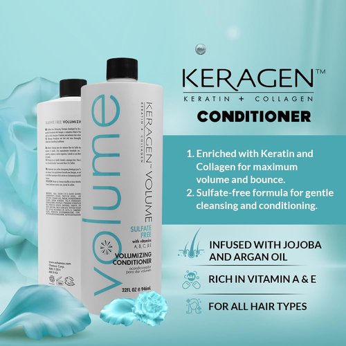 KERAGEN - Volumizing Conditioner for Fine Hair with Keratin and Collagen, Sulfate Free 32 Oz - Add Thickness, Hydrates and Enhances Hair Volume, with Panthenol, Vitamins, and Jojoba Oil