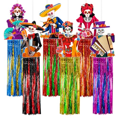 Day of the Dead Hanging Decorations - 6 Pieces, Colorful Skull & Tassel Set