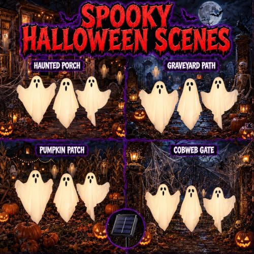 Solar Ghost Decorations Outdoor Lights 3 Pack - Spooky Yard & Garden Halloween Decor
