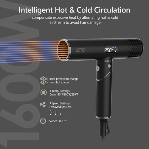LENA Travel Hair Dryer - Powerful Ionic Foldable Hairdryer | Lightweight & Fast Drying with LED Display