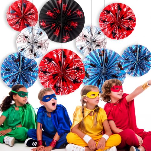 Spider Paper Fans 9 Pcs Birthday Party Hanging Decor - Spider Theme Variation