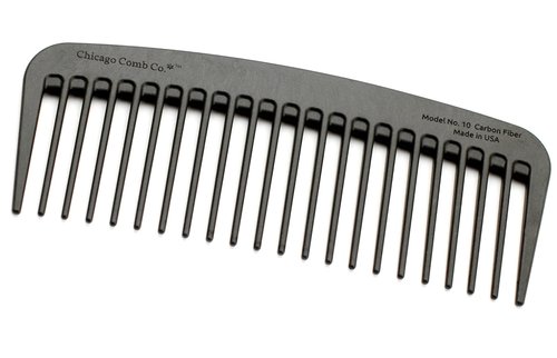 Chicago Comb Model 10 Carbon Fiber + Black Horween Leather Sheath, Wide Tooth, Made in USA