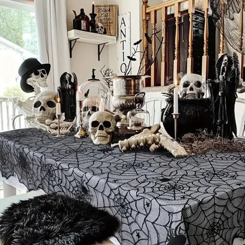 Halloween Lace Tablecloth 70 Inch Round Black Bat Spider Web Decorations Gothic Style