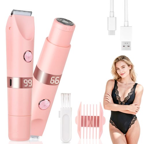 Beanify 2-in-1 Electric Shaver & Bikini Trimmer with LED Display for Women & Men，IPX7 Waterproof Wet/Dry Electric Razor with Dual Head, Rechargeable Painless Body & Facial Hair Remover, Travel-Size