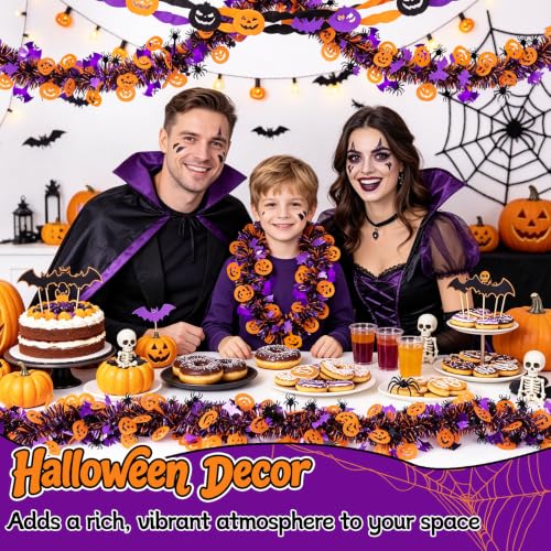 Orange Halloween Tinsel Garland 60Ft Pumpkin Spider Bat Decor