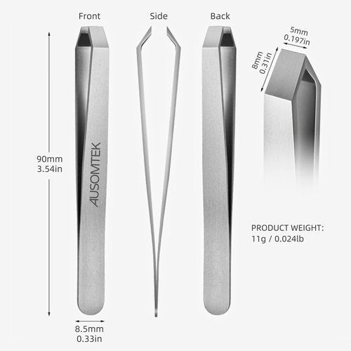 AUSOMTEK Beard Tweezers, White Hair Plucking, Fine Hair Removal, Eyebrows Shaping Tool, 5mm Tip, Stainless Steel, Cyan PU Case 1Pack