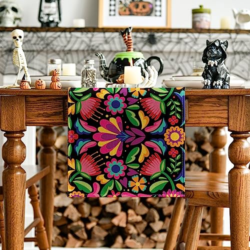 Mexican Dia De Los Muertos Floral Serape Table Runner - 13x72 Inch Black Variation