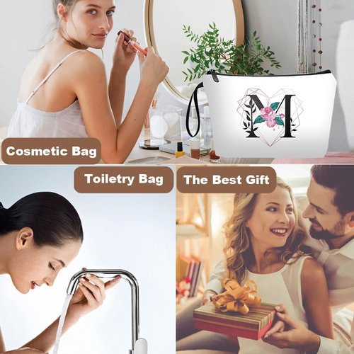 Personalized Initial M floral Travel Makeup Cosmetic Bag set with Mirror for women girls,Bride Bridesmaid White Ietter Makeup Bag organizer kit for Travel & Daily Use,Initial Gifts for Girls Friends