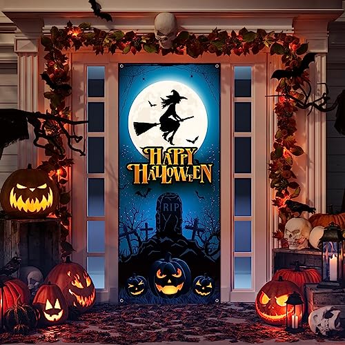 Panelee Halloween Skeleton Witch Window Cover - 79x35 Inches Party Backdrop with Moon Variation
