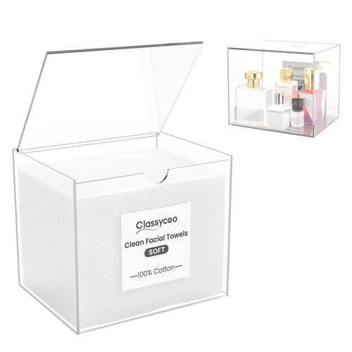 50 PCS Disposable Face Towel Holder, Acrylic Cosmetic Container for Clean Skin Club XL Towel, Makeup Remover Wipes Waterproof Box for Dresser Countertop, Bathroom Storage(Includes Cotton Cloth)