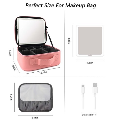 SLUMAZI Travel Makeup Bag with LED Mirror Travel Makeup Organizer with 3 Lighted Settings, Adjustable Dividers and Makeup Brush Storage Bag Pink