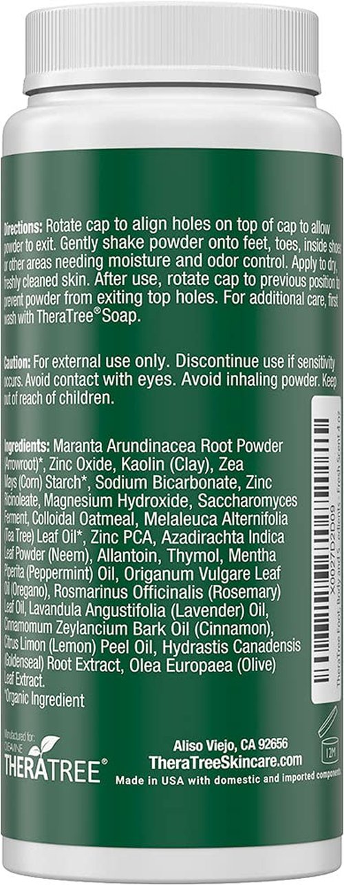 TheraTree Foot, Body and Shoe Powder with Tea Tree for Odor and Moisture Control with Organic and Natural Ingredients - Fresh Scent 4 oz
