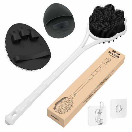 Manmihealth 15.7" Cute Silicone Body Scrubber & Soft Shower Brush Face Scrubber Set (3 PCS), Paw-Shaped Silicone Back Brush & Body Facial Scrubber with Super-Soft Bristles Combination(BlackSet)