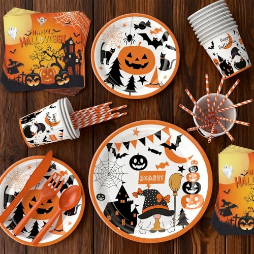 Halloween Party Supplies Set - 148 Pcs Pumpkin Theme Plates Cups Cutlery Balloons Banner