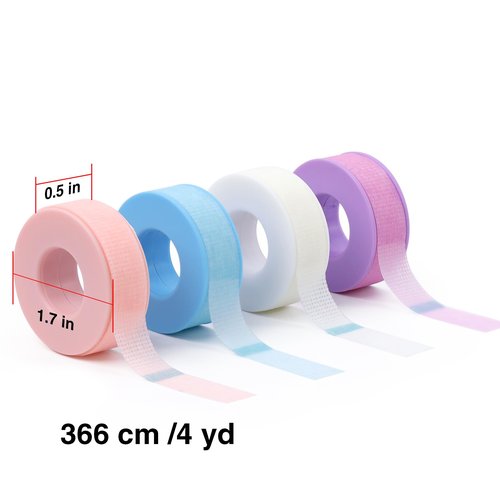LZM Lash Tape for Eyelash Extensions,Eyelash Tape Silicone Gel Eyelash Extension Tape for Sensitive Skin Pain-Free Removal Breathable Micro-Porous Lash Extensions Tape (0.5in x 4yd, 4Rolls,Mixed)