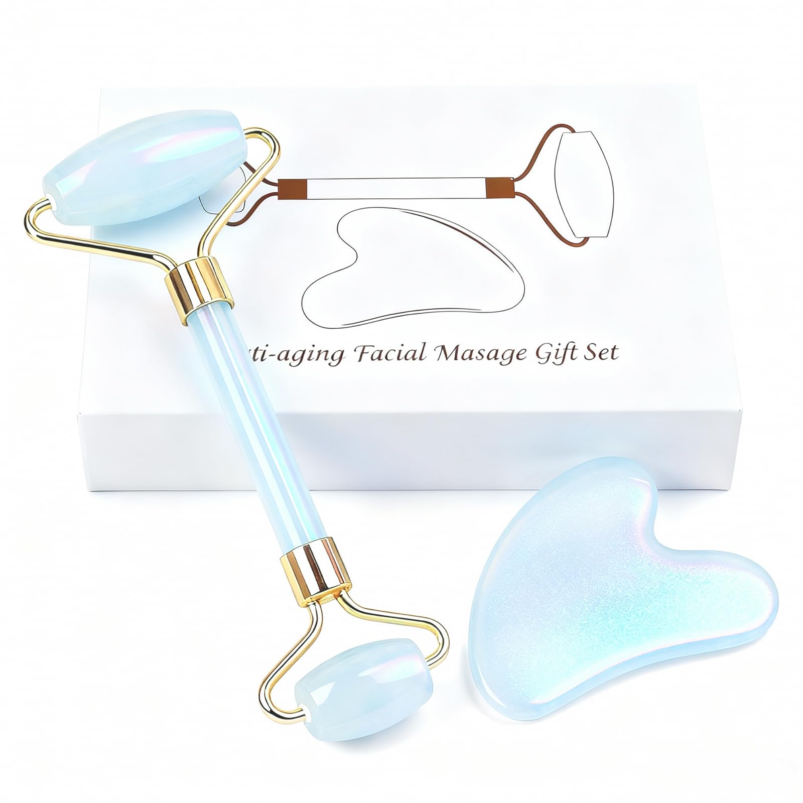 Werncy Jade roller and gua sha, facial roller, women's skincare tool, self-care gift, face, eye, neck massager, relieves fine lines and wrinkles, aventurine, opal, rose quartz