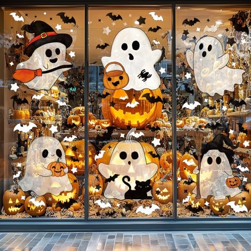 Halloween Ghost Window Clings Set - Reusable Double-Sided Decals for Glass Windows, 161 pcs, Seasonal Decorations, Variation: Ghost