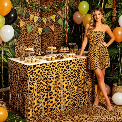 Foil Fringe Table Skirt Set - Leopard Print Party Decorations 4 Pack