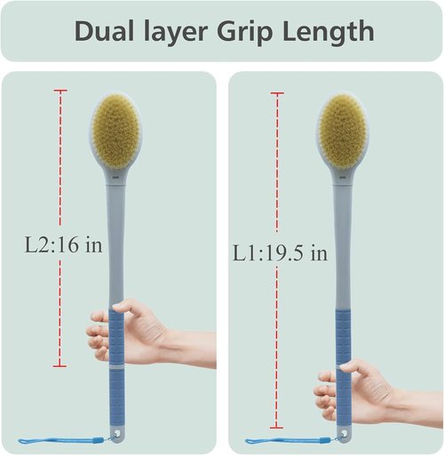 Shower Brush with Soft and Stiff Bristles, 20.5" New Extended Long Handle Back Scrubber Dual-Side Bath Brush Body Exfoliator for Wet or Dry Brushing (Grey Super Long)