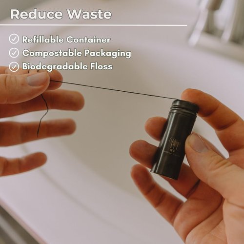 Vegan Biodegradable Bamboo Charcoal Dental Floss with Refillable Black Stainless Steel Container | 30M x2 | Extra Floss| Natural Candelilla Wax | Peppermint | Zero Waste Oral Care