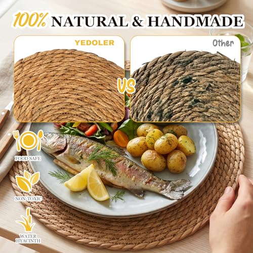 24 Pcs Round Woven Placemats - Natural Water Hyacinth & Straw Table Mats