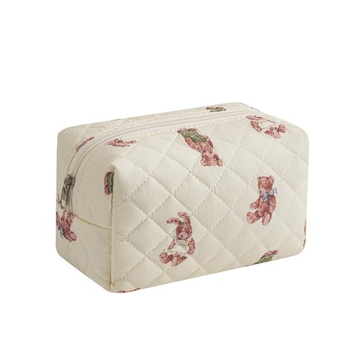 RSRSLEII Small Quilted Cotton Makeup Bag, Aesthetic Cosmetic Bag, Cute Floral Makeup Pouch, Kawaii Trendy Preppy Travel Toiletry Bag for Women and Girls (07 Bear)