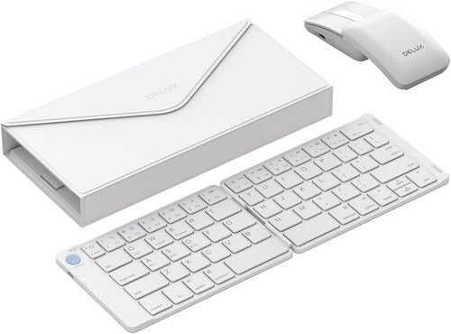 DELUX PockCombo Wireless Keyboard and Mouse - Foldable Bluetooth Design, Portable & Lightweight (White)