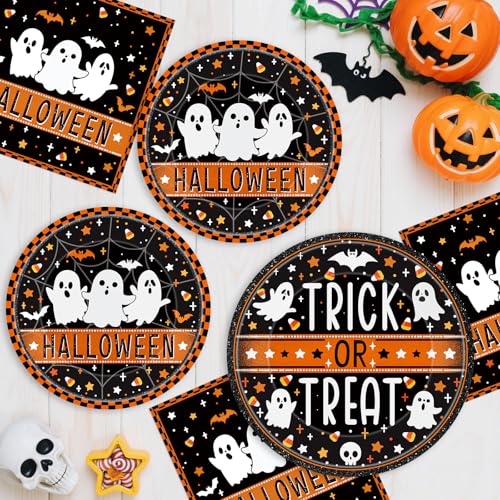 Halloween Ghost Party Plates & Napkins Set - Black & Orange, 150 Pcs