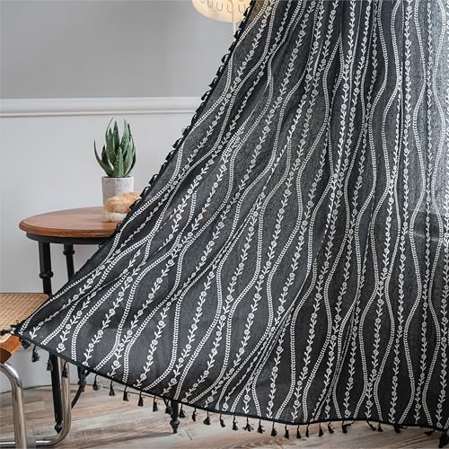 Boho Curtains 63 Inch Length Black Stripe Floral Tassel Drapes for Kitchen & Dining Room - Pack of 1