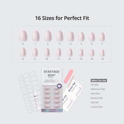 BTArtbox Press On Nails - Almond Power Calm, 4-Week Wear, Nude Pink, Extra Short | 32 Nails, Easy Application Kit