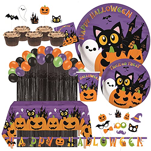 Halloween Party Supplies Kit for 24 Guests - Plates Cups Balloons Banner Decorations