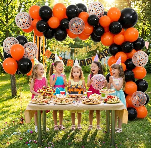 Orange Confetti Latex Balloons 12 Inch Party Decorations - 60 Pack with Ribbons