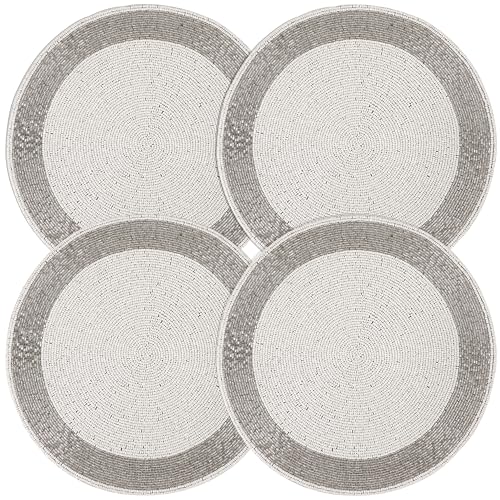 Alpha Living Home Silver White Beaded Round Placemats Set of 4 - 13 Inch Table Decor