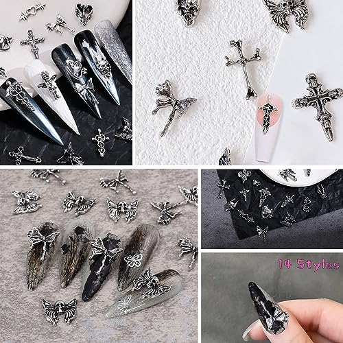 Gothic Nail Charms Set - 130 Pieces Y2K Punk Emo Silver & Black Nail Art Accessories