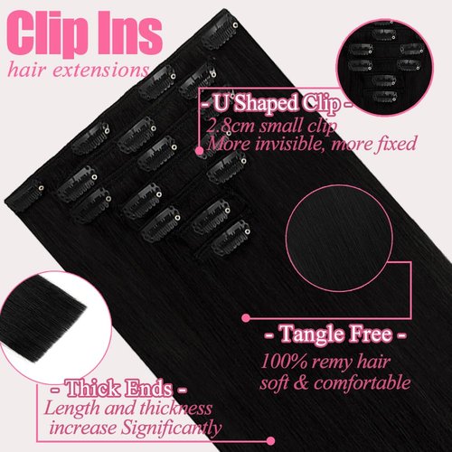 Clip in Hair Extensions, 7Pcs 18 Inch Straight Human Hair Extensions, #1 Jet Black Extensions Real Human Hair, 95g Double Weft Invisible Seamless Real Hair Extensions Clip in Human Hair