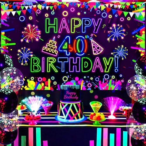 Neon 40th Birthday Banner - Glow in The Dark Party Decorations with UV Blacklight