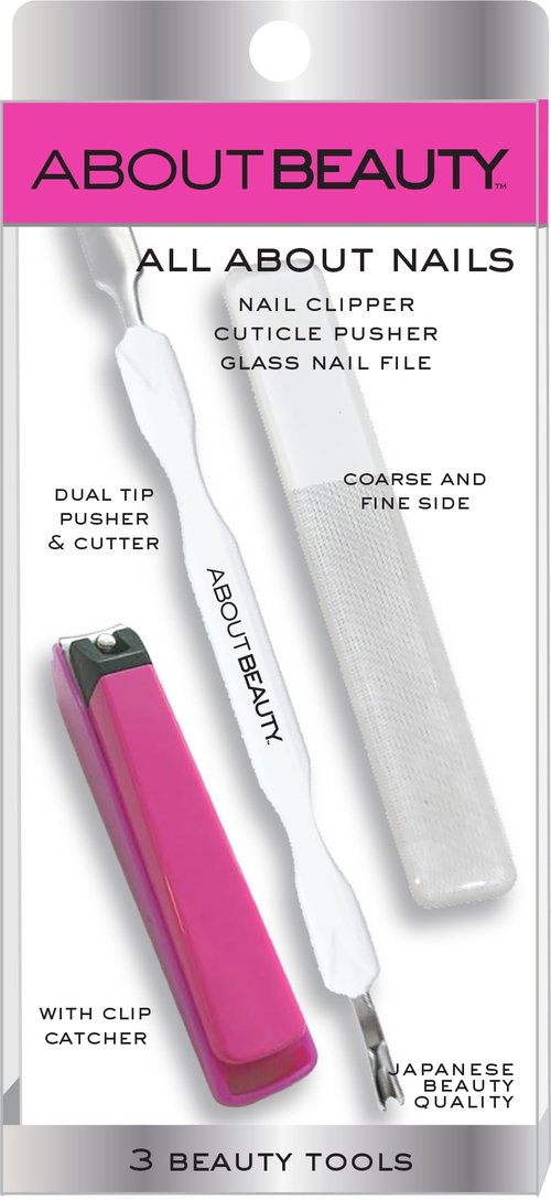 About Beauty All About Nails - 3 Japanese Beauty Tools, Includes Nail Clipper with Clip Catcher, Dual Tip Cuticle Pusher & Cutter, & Glass Nail File with Coarse and Fine Side