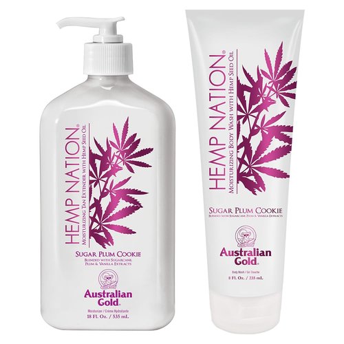 Australian Gold Hemp Nation Sugar Plum Cookie Bundle - Tan Extender Body Lotion (18 FL Oz) and Body Wash (8 FL Oz), Delectable Blend of Sugarcane, Plum, and Vanilla, Pure Hemp Seed Oil