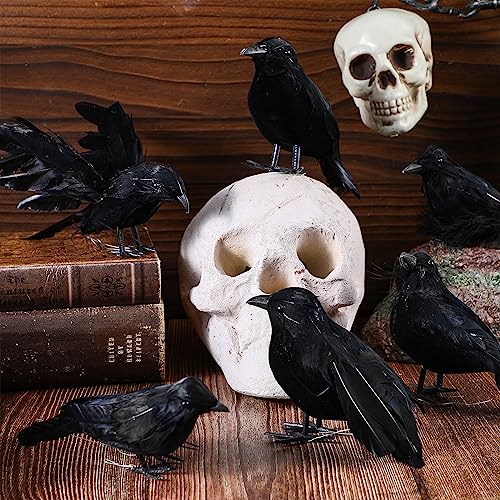 Halloween Black Feathered Crow Decor Set - Realistic Fake Raven Figures for Haunted House and Party Decorations