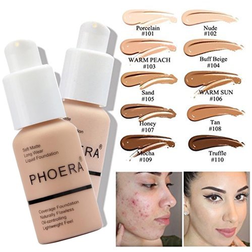 PHOERA Foundation, PHOERA Contour Palette,Shades with Highlighter & Bronzer & Blush,Up to 24 Hour Fresh Wear,PHOERA Concealer Primer Powder (102+104+ #002 Contour/Nude+Buff Beige+#002)