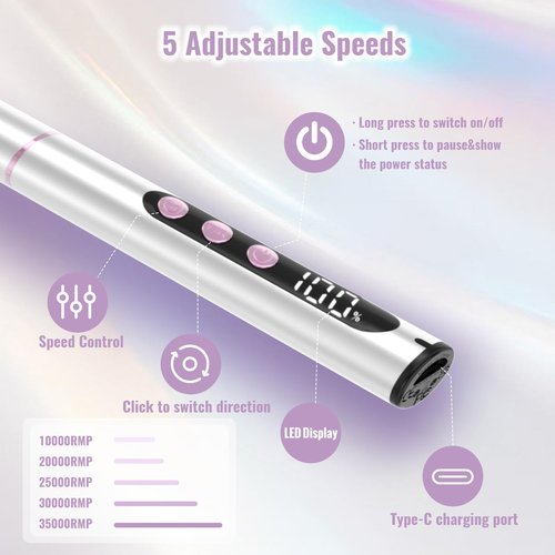 Denabuty Electric Nail Drill Cordless, 35000RPM Portable Electric Nail File with LCD Display and 12 Nail Drill Bits for Acrylic & Gel Nails, Professional Manicure & Pedicure Kit Set Silver