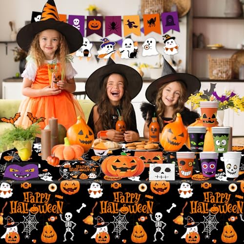 Halloween Party Supplies Kit with Pumpkin Plates Cups Napkins Banner & Tablecloth - Serves 24