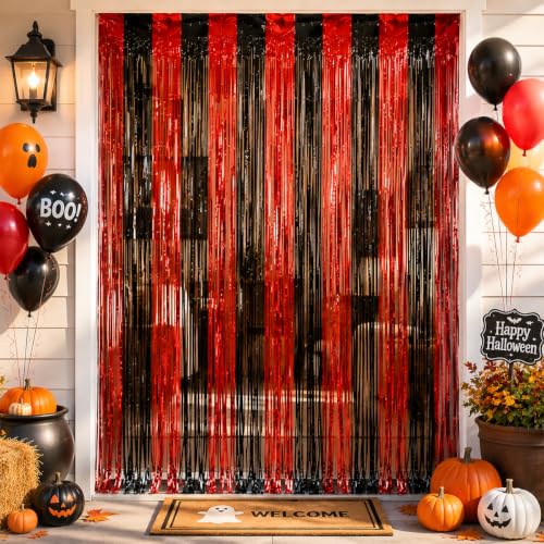 Black and Red Metallic Fringe Curtains 3 Pack - Halloween Party Backdrop