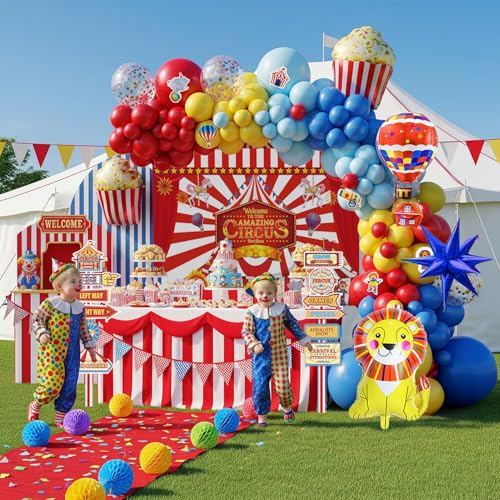 Carnival Theme Birthday Party Decorations Set - Red & Yellow Balloons, Foil Hot Air Balloons, Striped Banner, Backdrop & Signboard - Variation of THIS listing