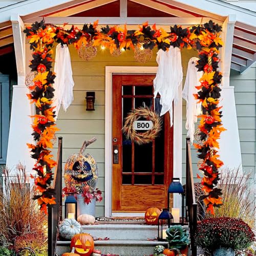 Orange Black Maple Leaf Garland 5.7Ft - 2 Pack Halloween Fall Autumn Decor