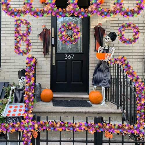 32FT Halloween Tinsel Garland with LED Lights - Pumpkin, Spider, Bat Decorations for Indoor Outdoor Parties