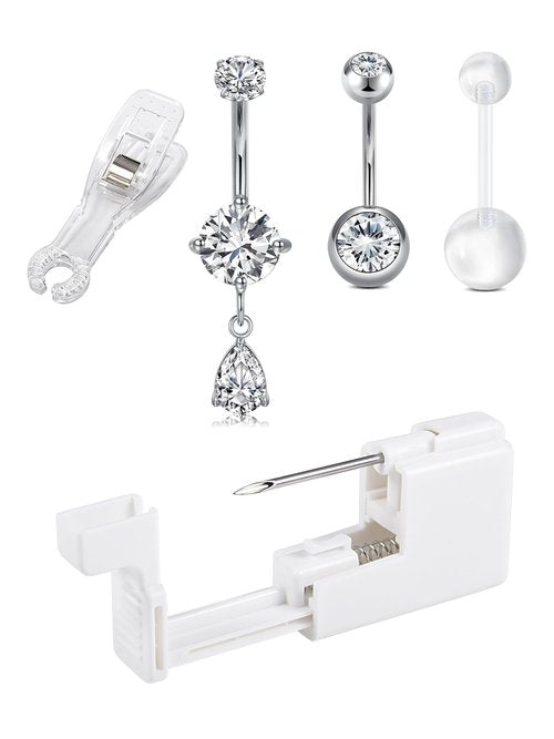 QWALIT Belly Button Piercing Kit Belly Piercing Kits Silver Belly Button Piercing Gun Self Belly Piercing Gun with Surgical Steel Dangle Belly Rings at Home
